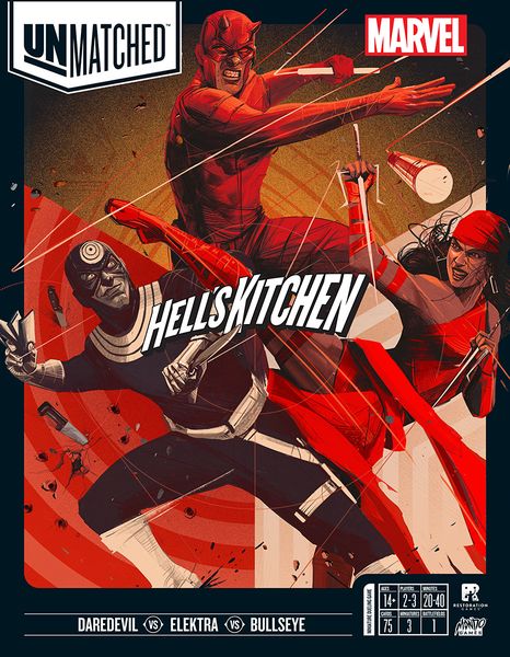 Unmatched: Hell's Kitchen, Restoration Games / Mondo Games, 2021 — front cover (image provided by the publisher)