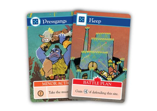 Cards from Oath the board game: Pressgangs and Keep; art by Kyle Ferrin