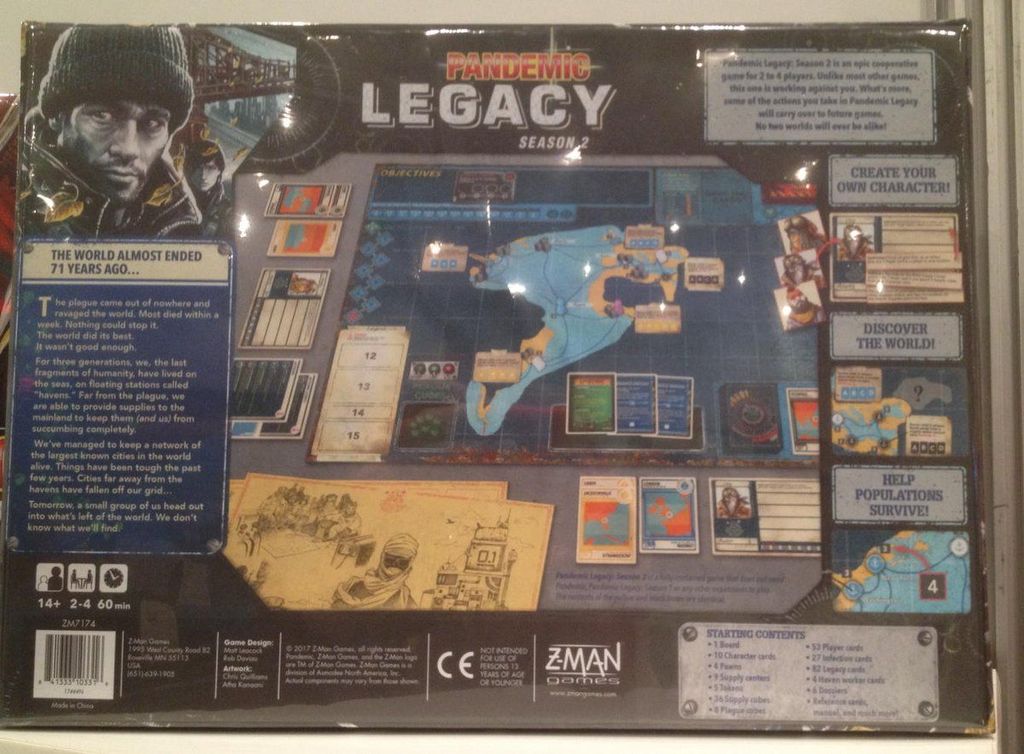 Pandemic Legacy: Season 2, Z-Man Games, 2017 — back cover, shot at NY Toy Fair 2017 — Photo by W Eric Martin on BoardGameGeek