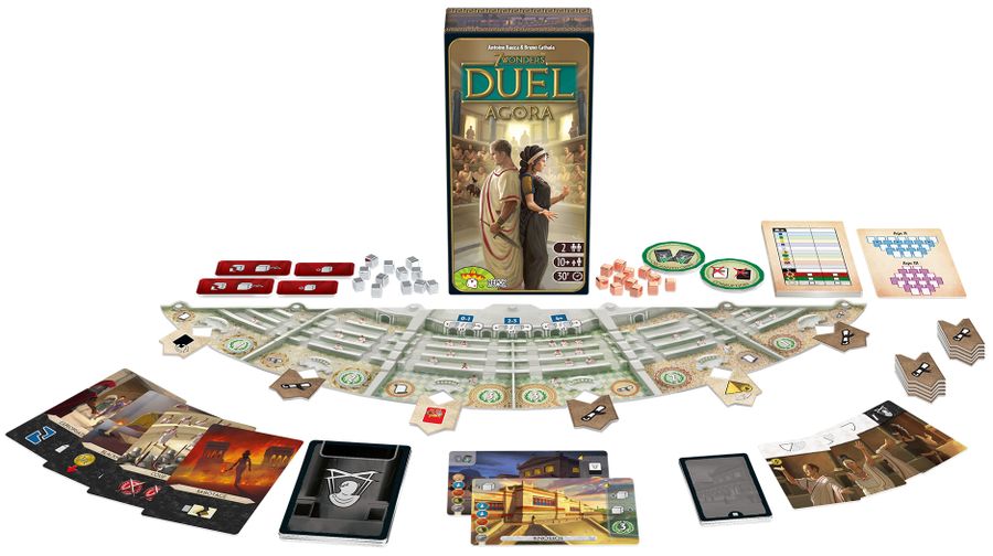 7 Wonders Duel: Agora, Repos Production, 2020 — box and components (image provided by the publisher)