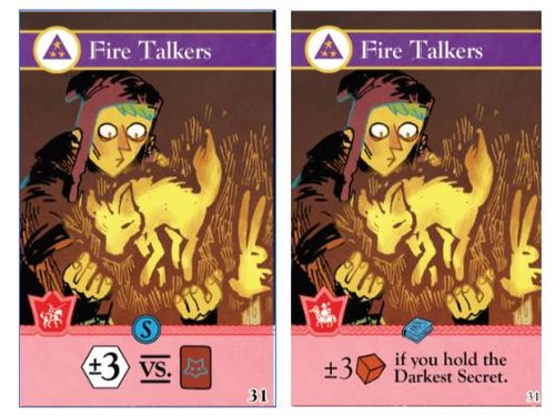 Two iterations of the Fire Talkers card from the Oath board game, art by Kyle Ferrin