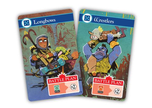 Cards from Oath the board game, Longbows and Wrestlers; art by Kyle Ferrin