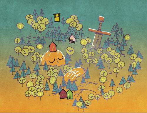 Art by Kyle Ferrin from Oath the board game. A giant sleeping under a hill spotted with trees and houses.