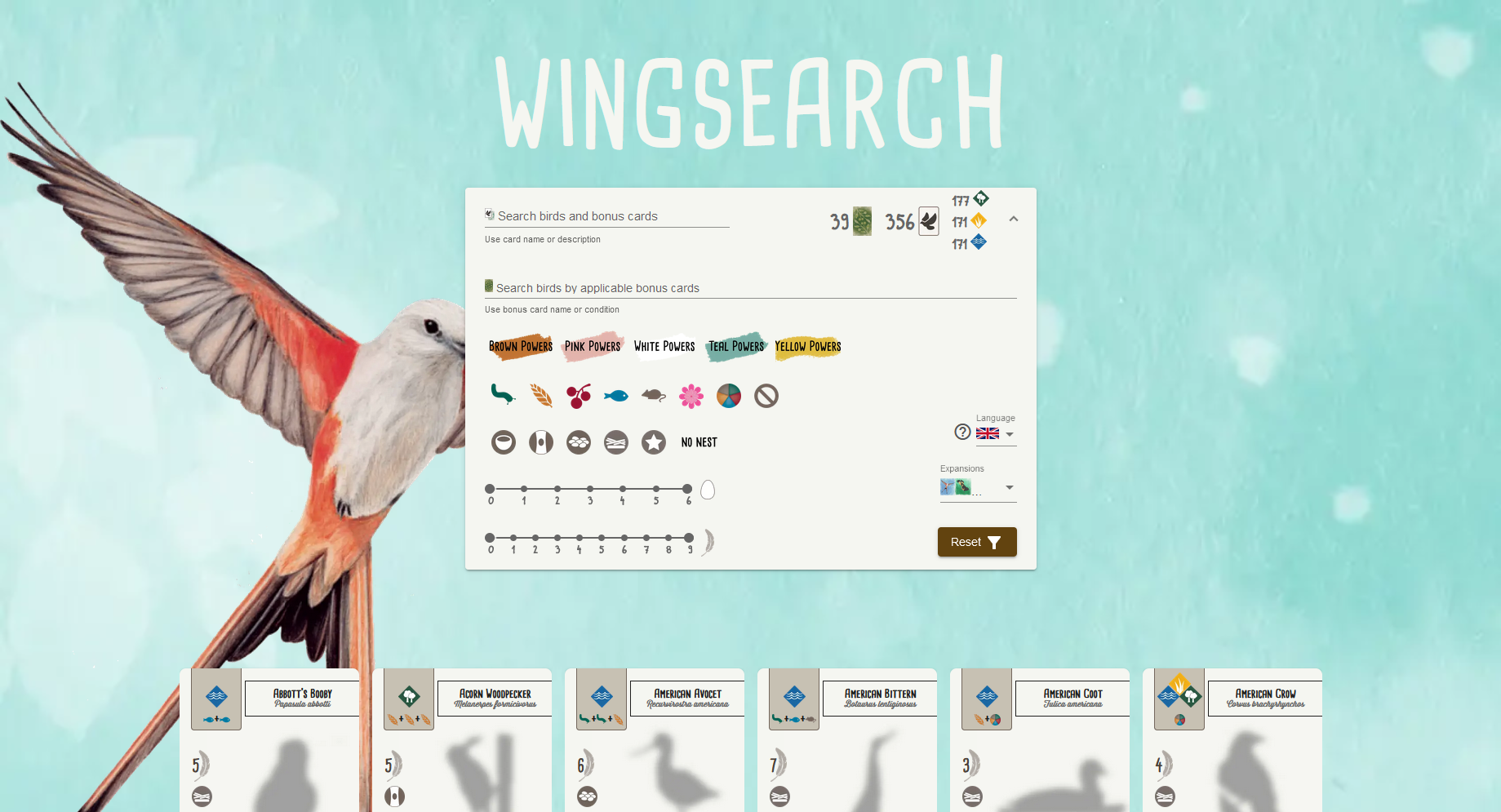Wingspan spreadsheet bird cards, bonus cards, endofround goals