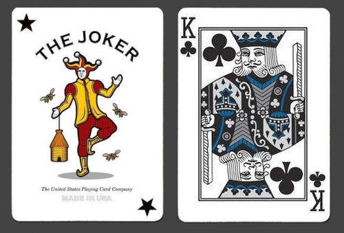 Red Bicycle Gaff Playing Card Reveal Joker Holding Blue Back Card 
