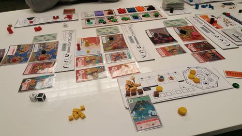 Prototype of Oath the Board Game on a white table with players engaged