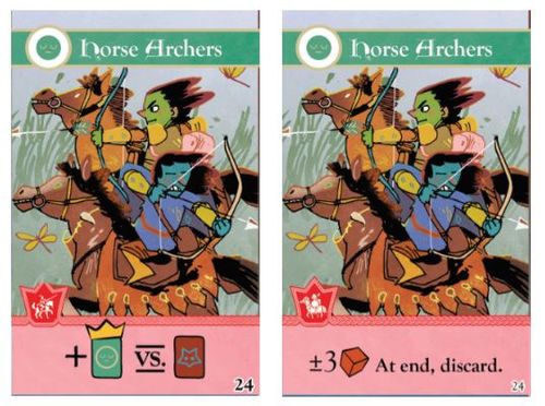 Two iterations of the Horse Archers card, art by Kyle Ferrin