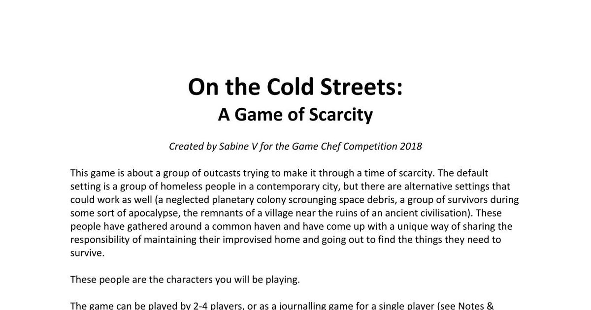 On the Cold Streets: A Game of Scarcity | RPG Item | RPGGeek