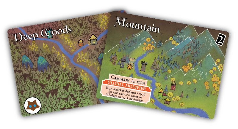Land cards from the Oath board game: Deep Woods and Mountain; art by Kyle Ferrin