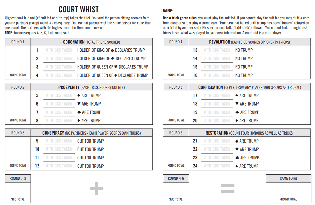 Free Printable Court Whist Score Sheets