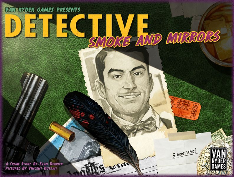 The box cover for the Smoke & Mirrors expansion for Detective: City of Angels.