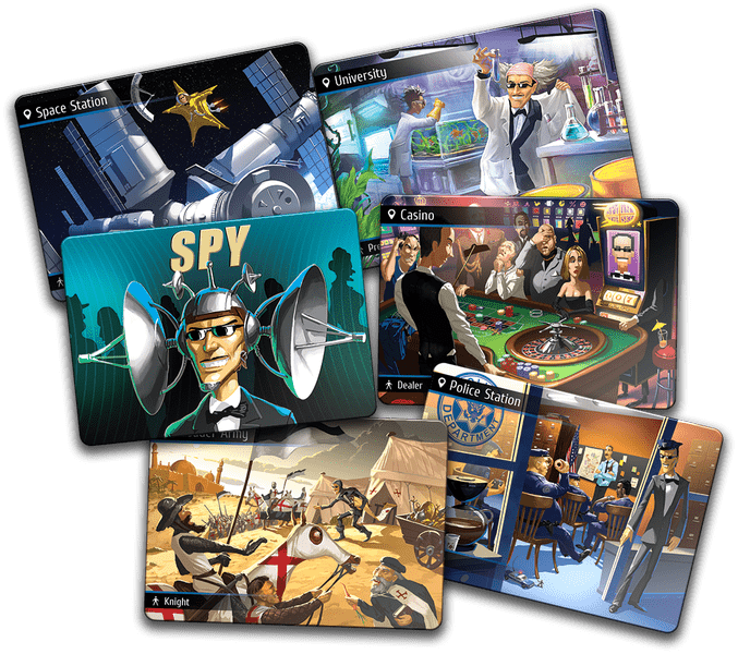 Some of the location cards and the spy card