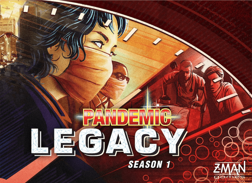 Pandemic Legacy, Z-Man Games, 2015 — red cover; components are identical in both versions (image provided by the publisher)
