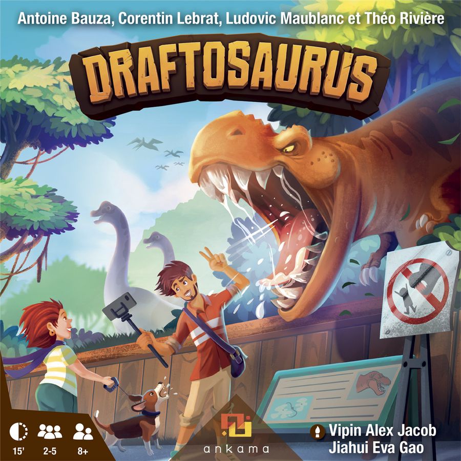 The cover art, which features a cartoon-style T-Rex roaring at a man on the other side of the fence from his enclosure, as the man uses a selfie stick to take a photo of himself with the dinosaur.