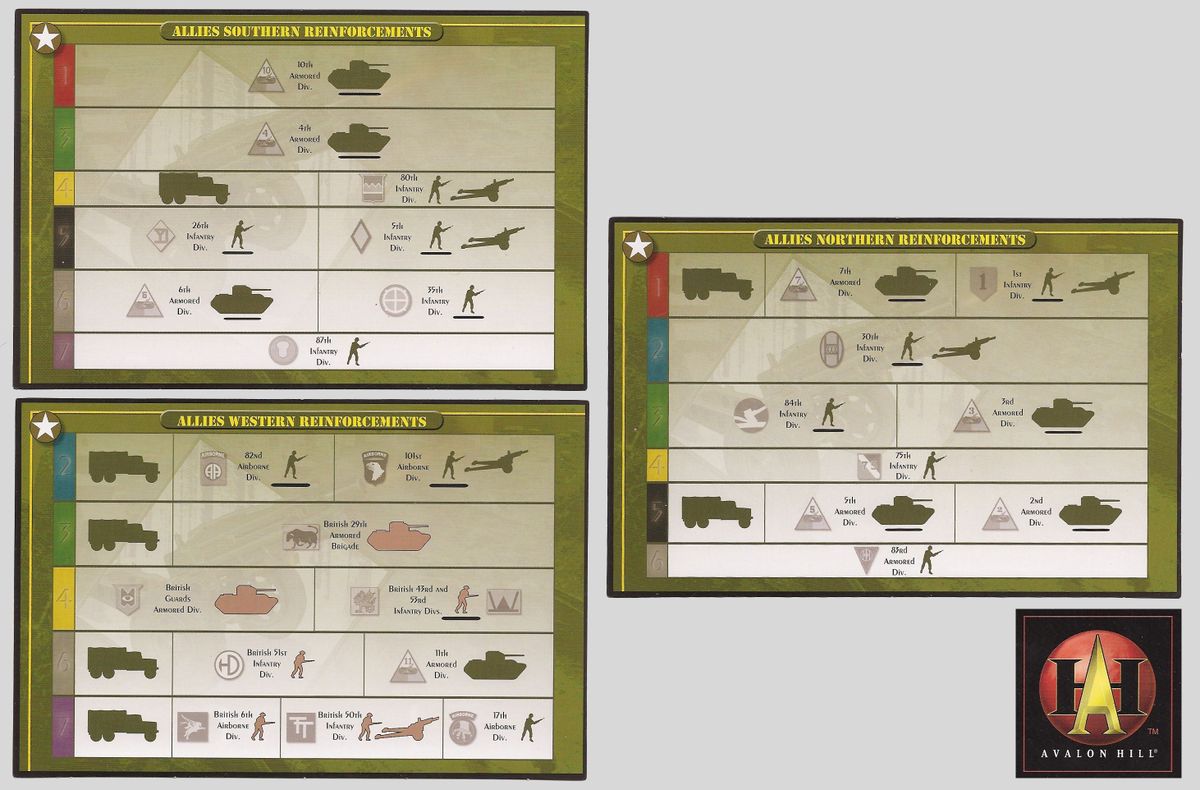 A picture of the Allied forces setup cards for Battle of the Bulge