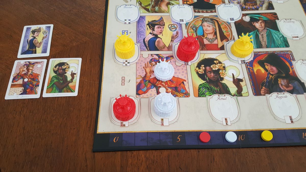 A game of Cursed Court in process showing the bottom half of the board.  Image from BoardGameGeek.com 