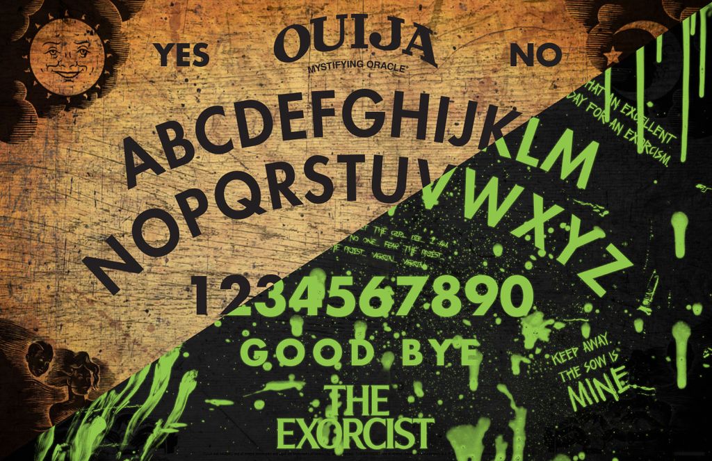 Ouija: The Exorcist, The Op Games, 2024 - 어둠 속에서 빛나는 요소 중 일부를 보여주는 게임 보드(출판사 제공 이미지)