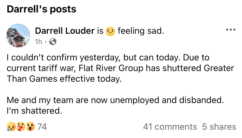 Darrell Louder - Creative Director at Greater Than Games - confirms via Facebook that the publisher has been closed by owner Flat River Group.