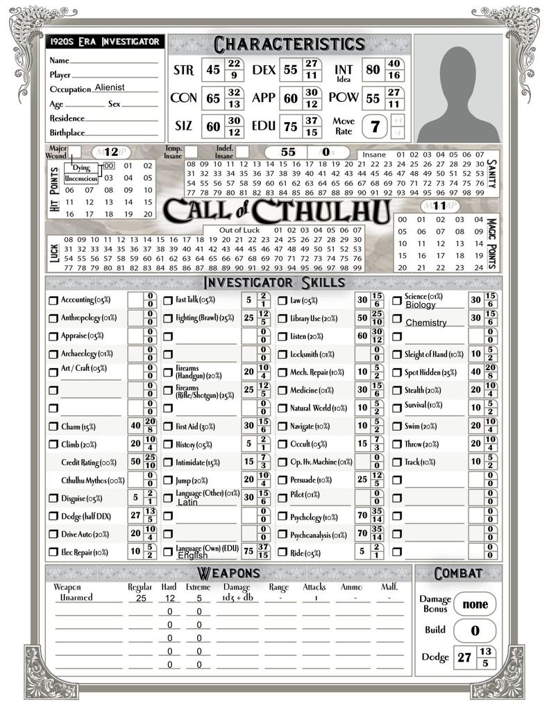 call of cthulhu rpg character sheets pregen