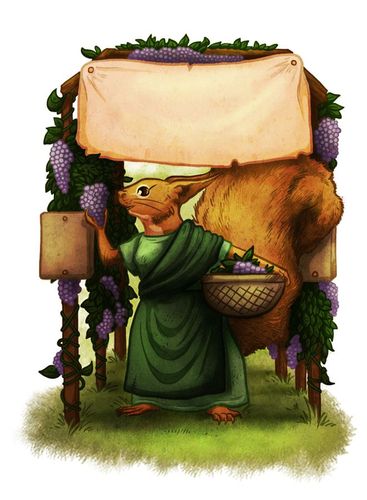 SPQF illustration of a squirrel in a green robe holding a basket of grapes and smelling a bunch of grapes hanging form an arbor