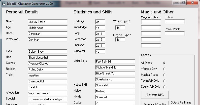 Isis Character Generator | RPG Item | BoardGameGeek