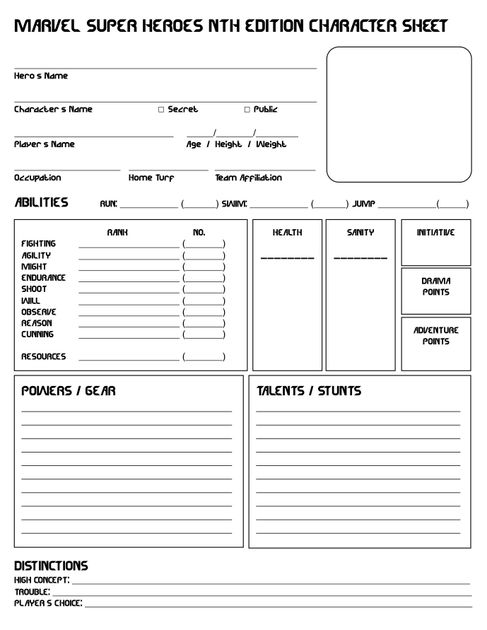 Marvel Super Heroes Nth Edition Character Sheet | RPG Item | RPGGeek