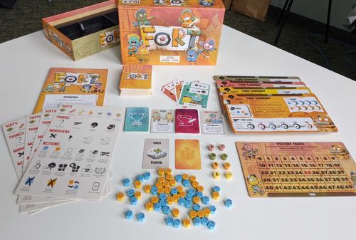 Full array of Fort game components including the game box