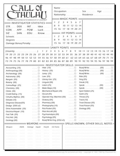 call of cthulhu rpg author character sheet