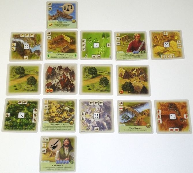 The Rivals of Catan - Player's Card Layout showing extra road, an upgraded city development, and a settlement with various other building developments.