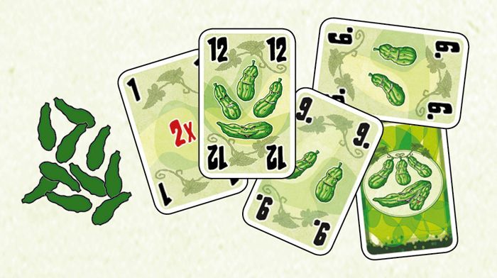 2F-Spiele, 2013, a few cards and wooden cucumbers for Fünf Gurken / Five Cucumbers