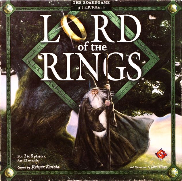 The game box cover illustration for The Lord of the Rings showing Gandalf the Grey standing in the shadows beneath a tree.