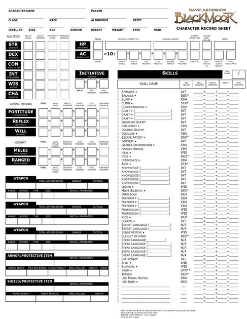 Dave Arneson's Blackmoor Character Record Sheet | RPG Item | RPGGeek