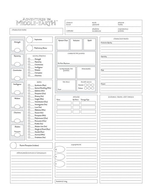 Adventures In Middle Earth Character Sheet Rpg Item Boardgamegeek