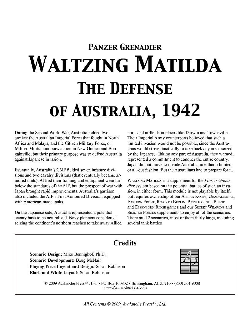 Panzer Grenadier: Waltzing Matilda – The Defense of Australia, 1942