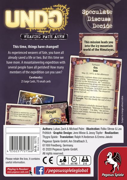 UNDO: Peak of No Return, Pegasus Spiele, 2021 — back cover (image provided by the publisher)
