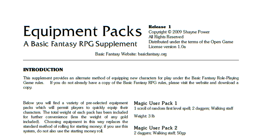 Fantasy Equipment Pack