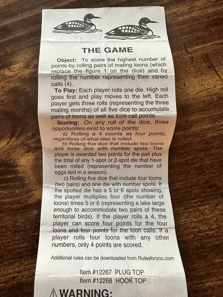 Anyone got complete rules? The Loon Dice Game