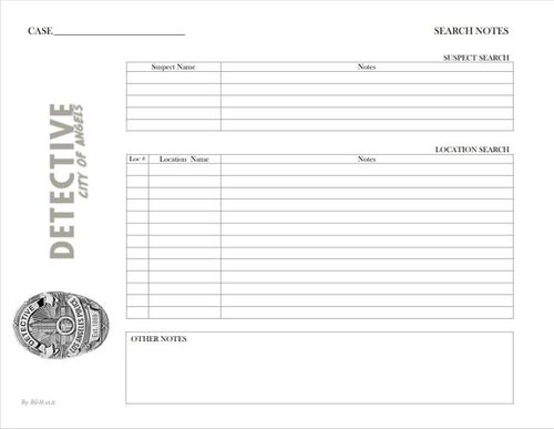 Note Taking Sheet for Searches | Detective: City of Angels