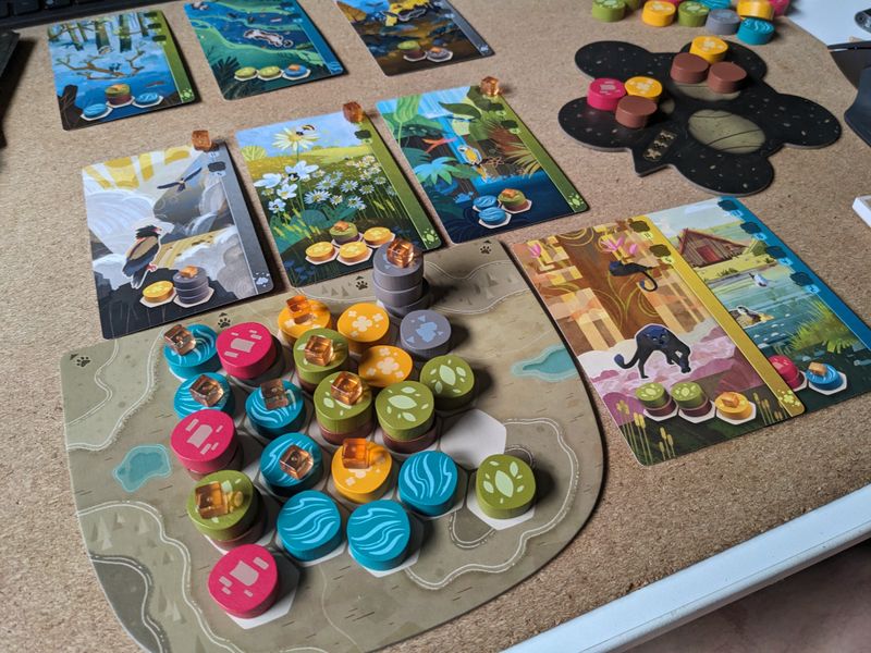 The situation at the end of my first solo game, which was a lot of fun. A fine little puzzle game. And look how nice it looks!
