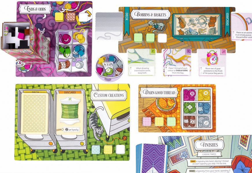 A close-up of the shop boards from a game of Threaded.