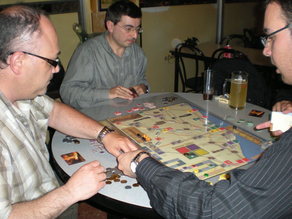 First playing of the map of Catalonia for Brass. 21st May 2010, Queimada Bar, Barcelona. — Photo by joffgracia on BoardGameGeek