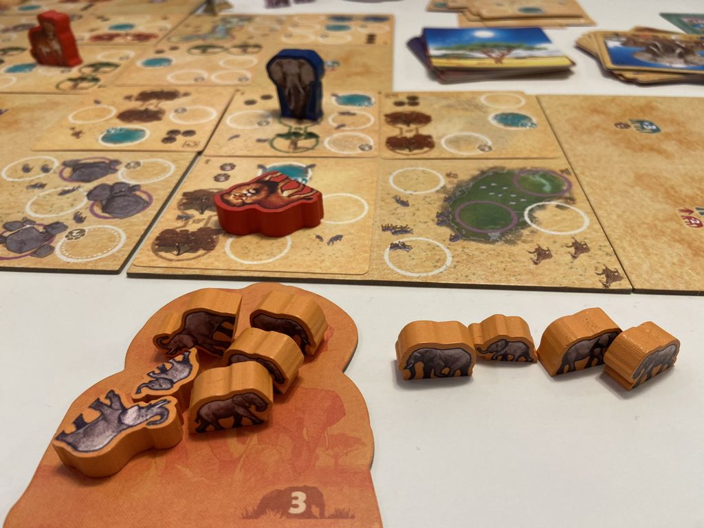 TEMBO: Survival on the Savanna,  Sidekick Games, 2025 — midgame situation on a mock-up copy