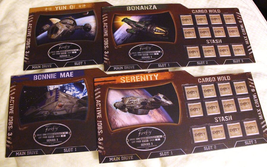 The 4 different Firefly cards for the 4 different color ships (in case it hasn't been clear up until now, they're not all Serenity)
