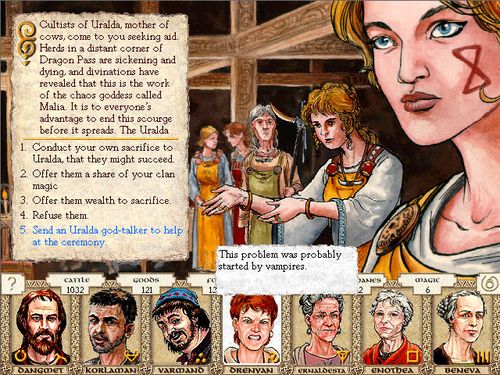 A screen shot from King of Dragon Pass video game