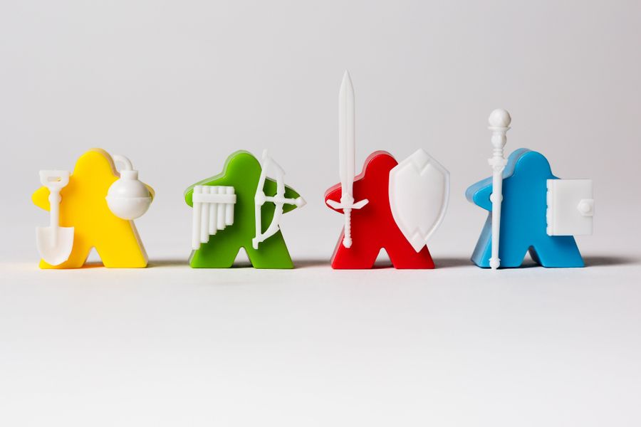 ITEMeeples™ patent pending figures with equipment featured in Tiny Epic Quest